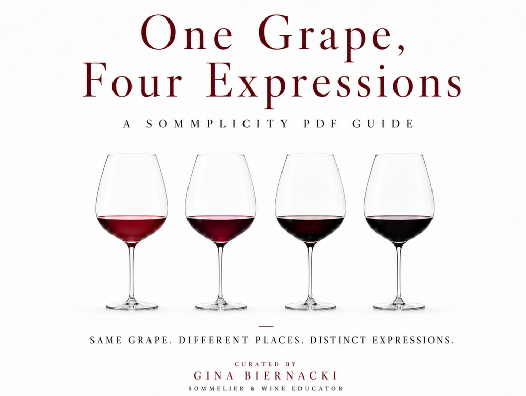 Book cover of 'One Grape, Four Expressions' with wine glasses and text on a white background