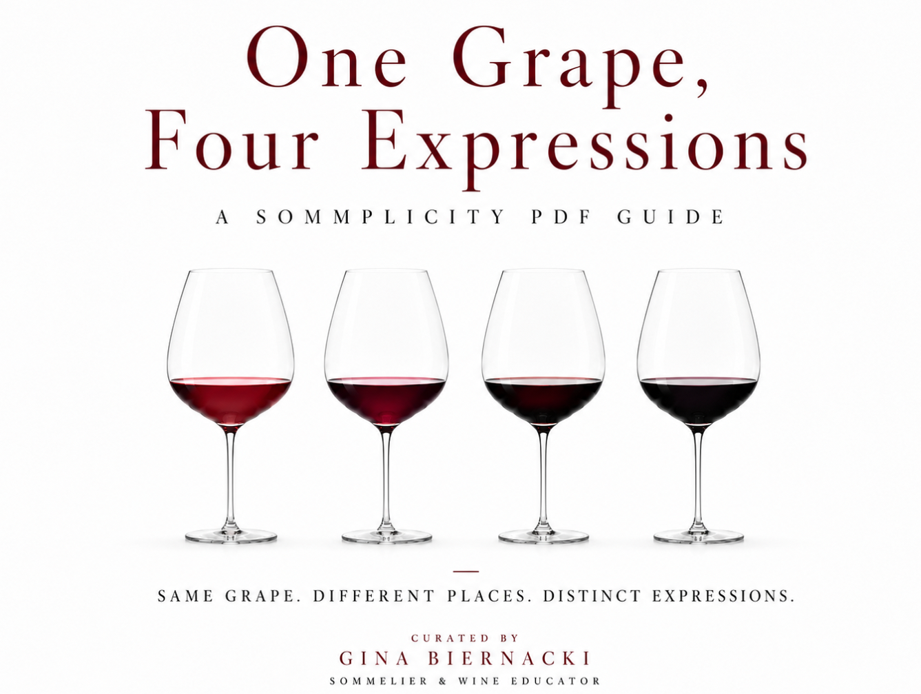 Book cover of 'One Grape, Four Expressions' with wine glasses and text on a white background