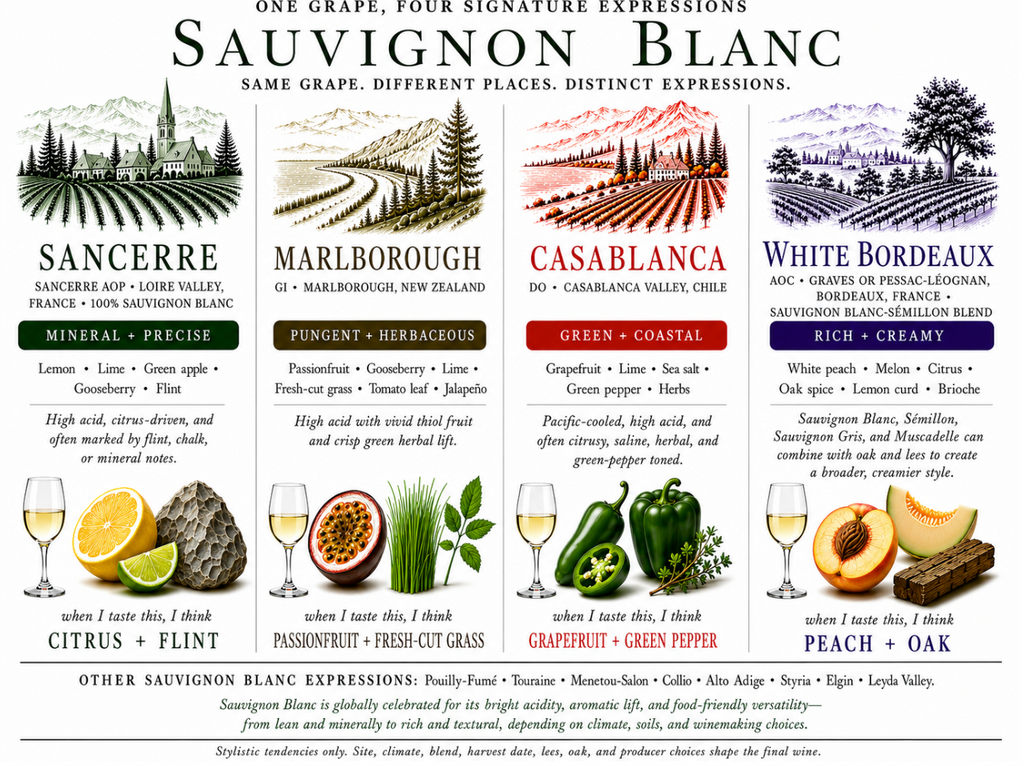 Chart detailing different expressions of Sauvignon Blanc wine from various regions with illustrations and descriptions.